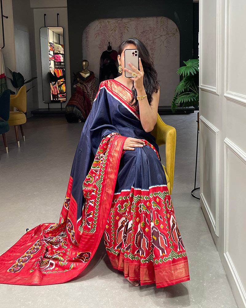 Navy Blue Color Patola Print With Foil Work Dola Silk Saree