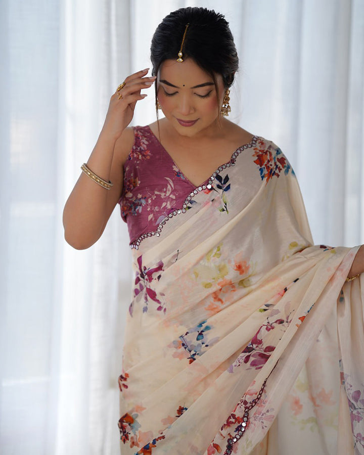 Cream Color Chinnon Silk Printed Saree