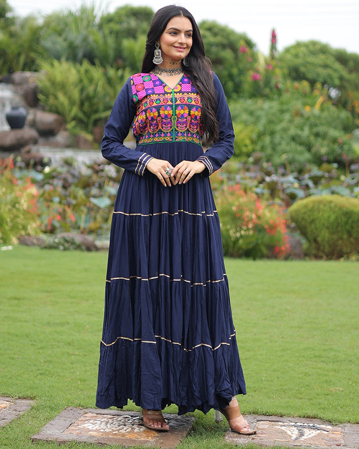 Designer Navy Blue Flared Navratri Gown With Mirror Work Yoke