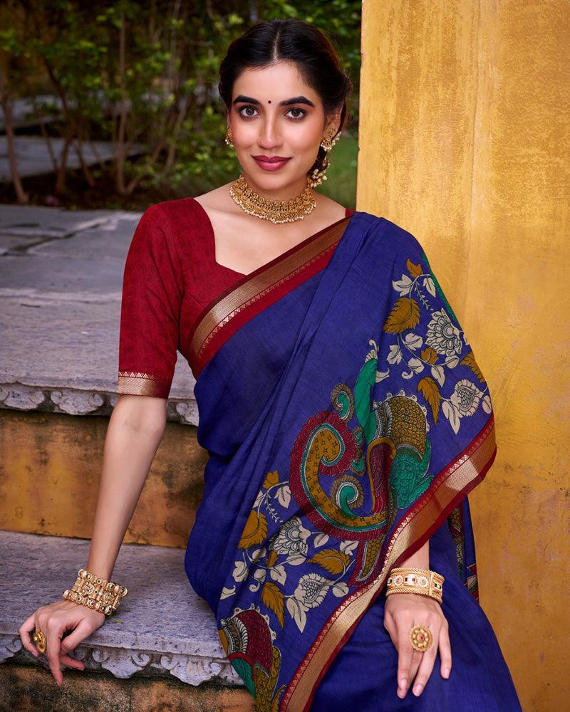 Blue Color Viscose Chanderi Printed Saree