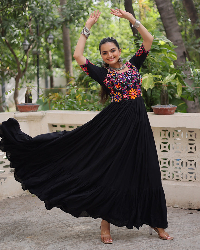 Navratri Wear Black Color Rayon Gamthi Work Gown
