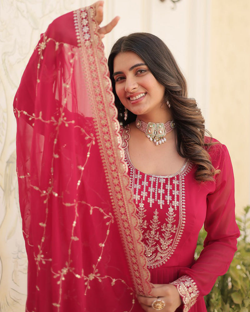 Pink Color Faux Blooming Rich Sequence Embroidered Gown