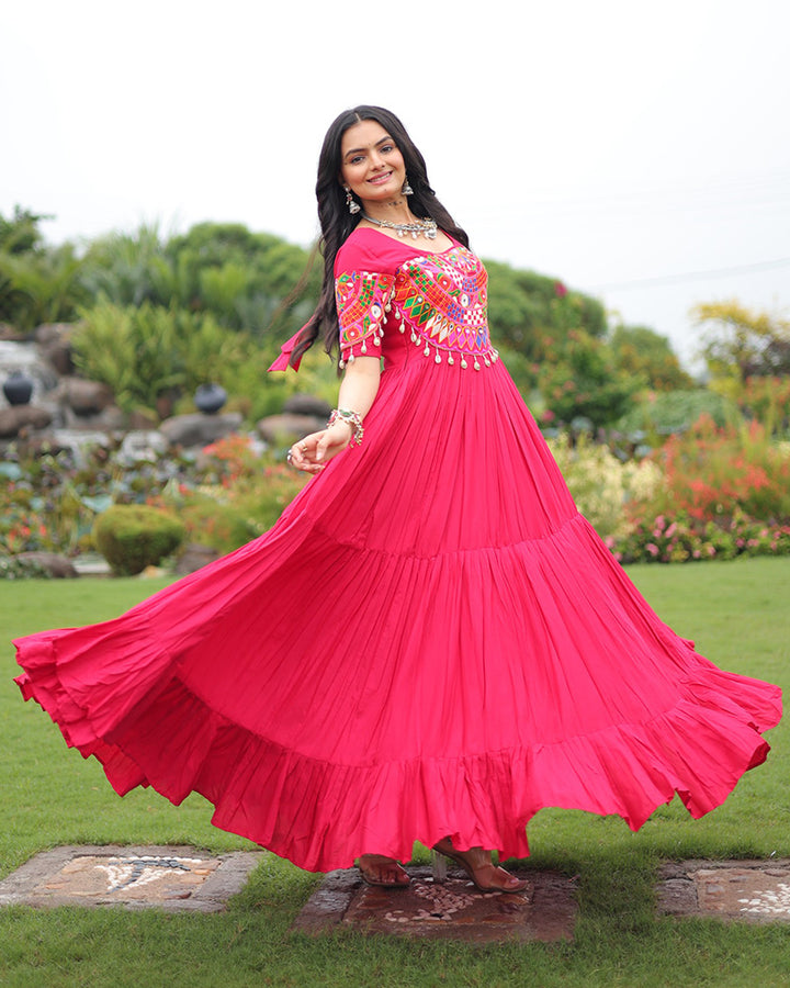 Navratri Wear Rani Pink Color Rayon Gamthi Work Gown