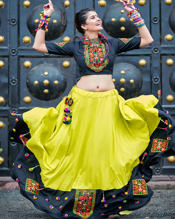 Black Neon Green Soft Cotton Real Mirror Navratri Lehenga Choli