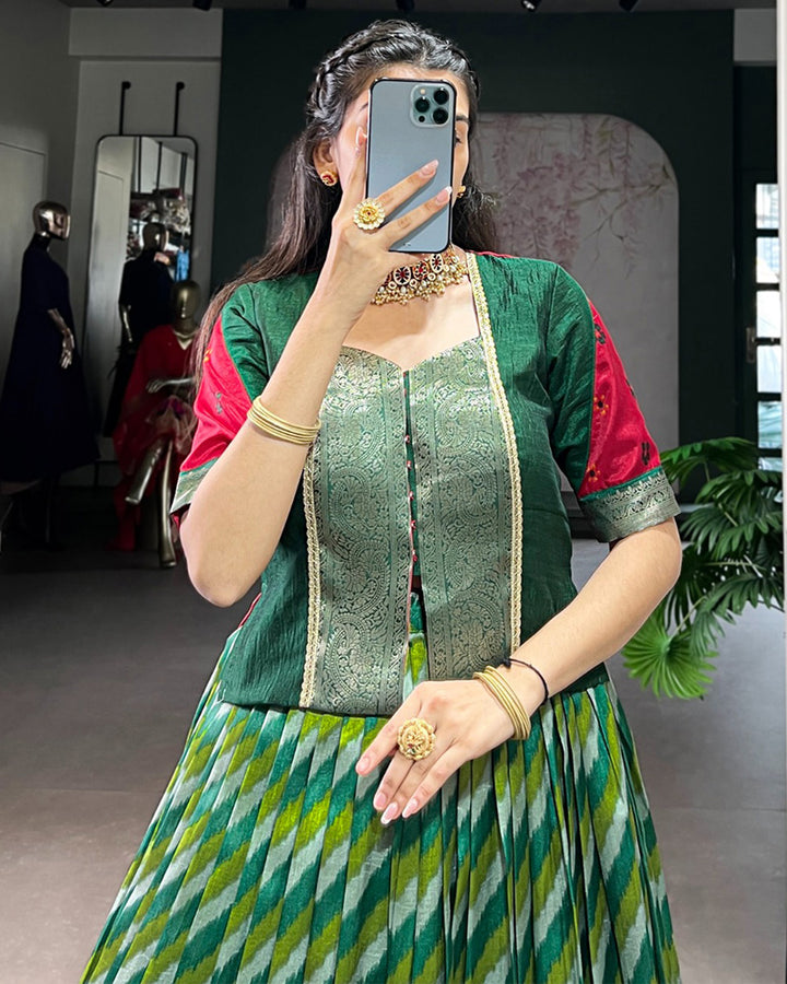 Green Color Tasar Silk Printed Zari Weaving Lehenga Choli