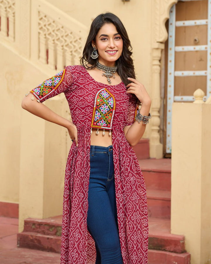 Maroon Festival Wear Faux Georgette Kutchi Work Kurti