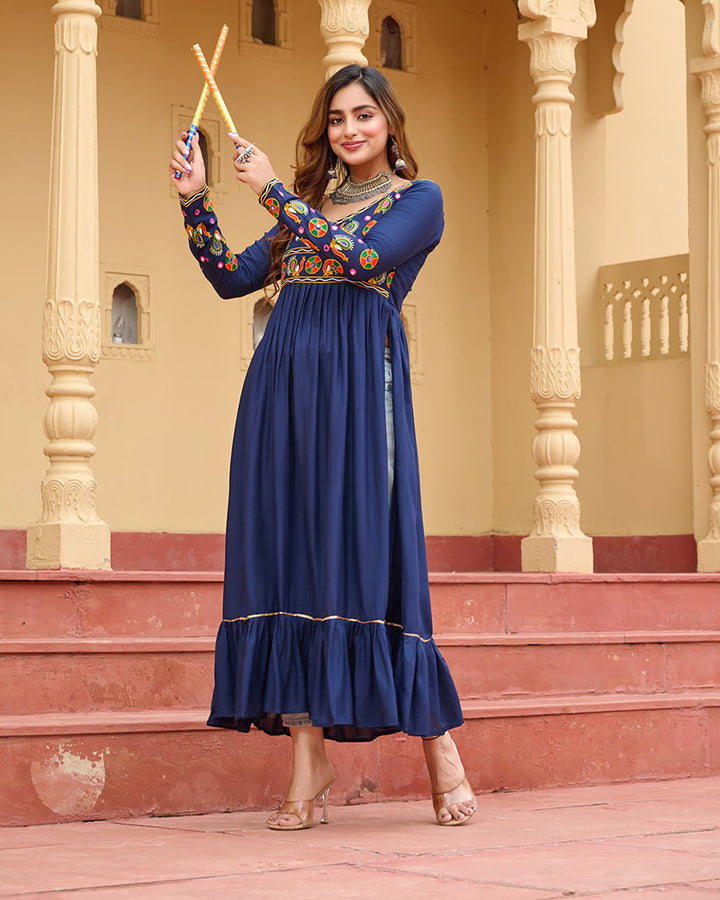 Vibrant Blue Flared Rayon Kurti With Gamthi Work