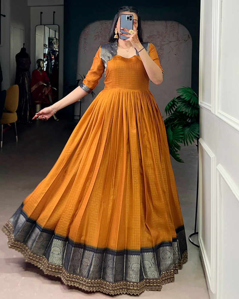 Mustard Color Dola Chex Zari Weaving Gown