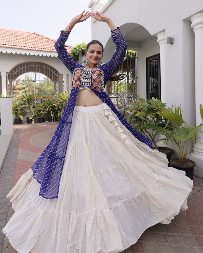 Three Color Bandhani Printed Kora Cotton Navratri Lehenga Choli