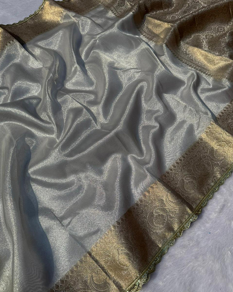 Grey Color Silver Zari Weaving Tissue Saree