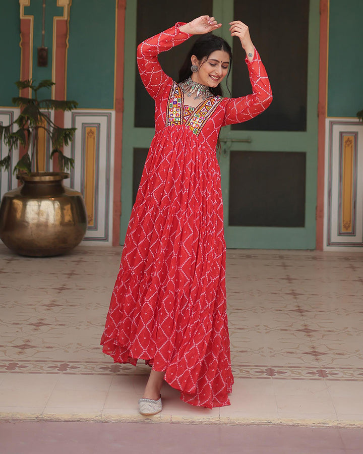 Navratri Special Orange Color Faux Georgette Bandhej Gown