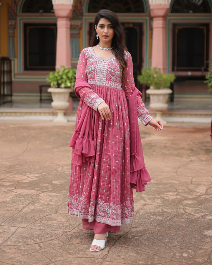 Dusty Mauve Color faux Georgette Embroidered Sharara Suit