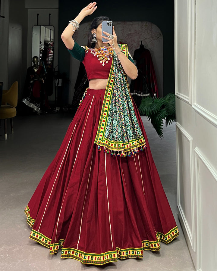 Designer Maroon Color Cotton Real Mirror Navratri Lehenga Choli
