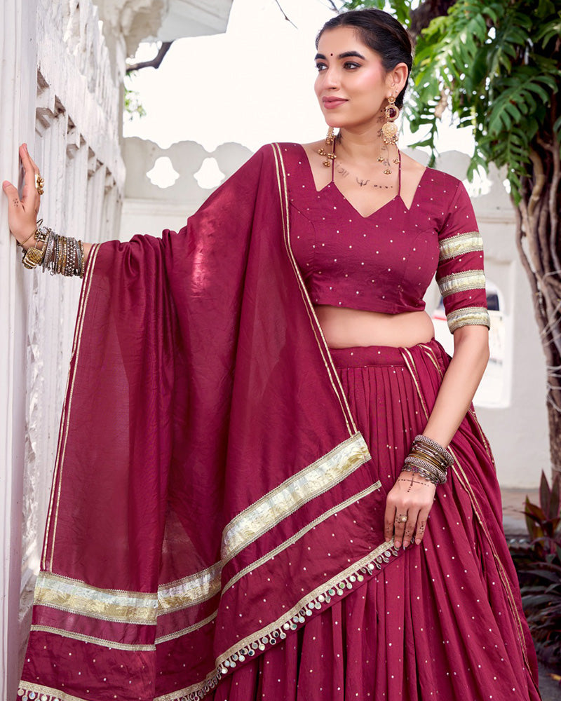 Elegant Maroon Color Pure Chanderi Full Stitched Lehenga Choli