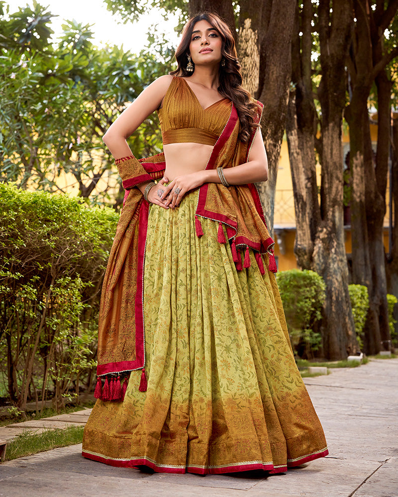 Copper Color Vichitra Silk Printed Lehenga Choli