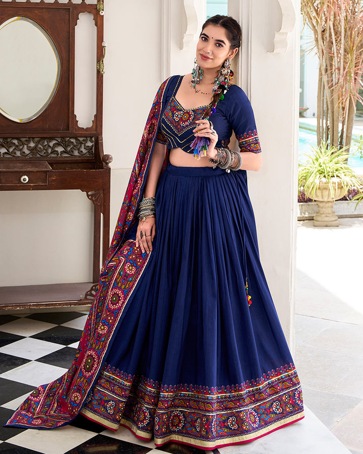 Navy Blue Color Tasar Silk Gamthi Printed Navratri Lehenga Choli