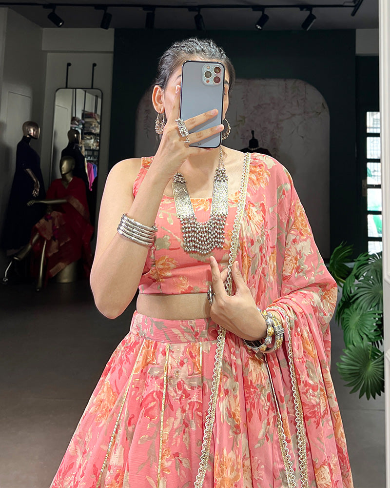 Peach Color Chiffon Floral And Foil Printed Lehenga Choli
