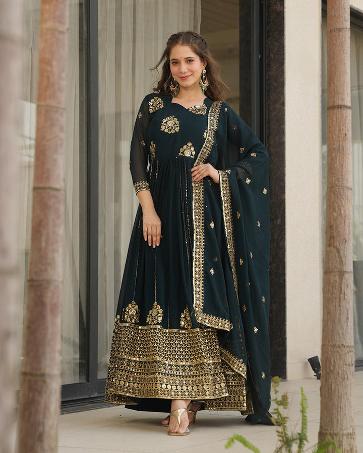 Deep Teal Green Color Faux Blooming Gown With Embroidered Dupatta