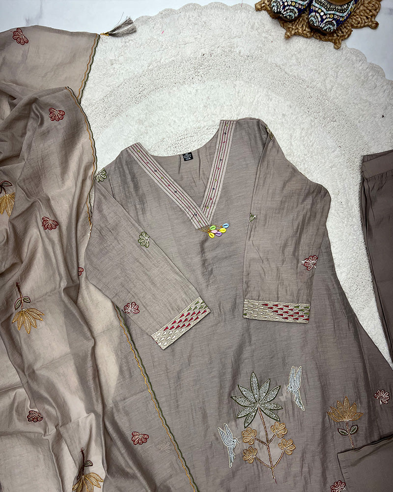 Chocolate Color Mal Cotton Three Piece Kurti Suit