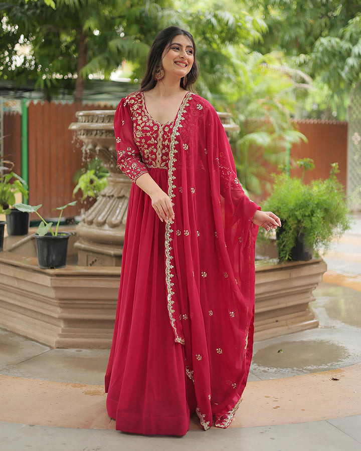 Designer Rani Pink Color Anarkali Gown With Embroidery Dupatta
