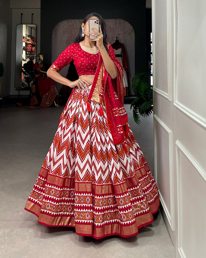 Red Color Laheriya Print Tussar Silk Designer Lehenga Choli