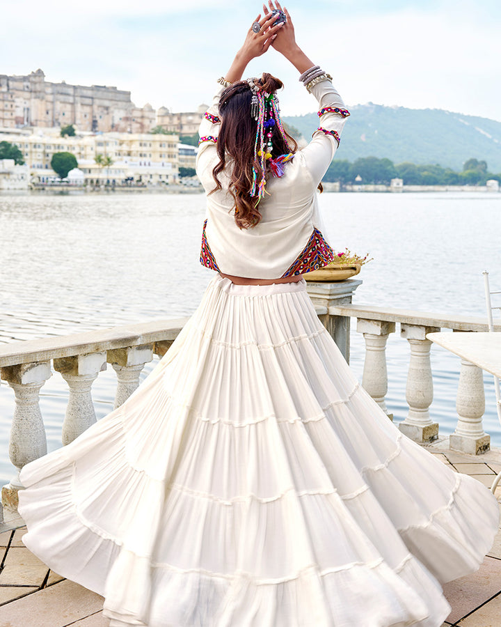 White Color Pure Rayon Ruffle Style Navratri Lehenga Choli