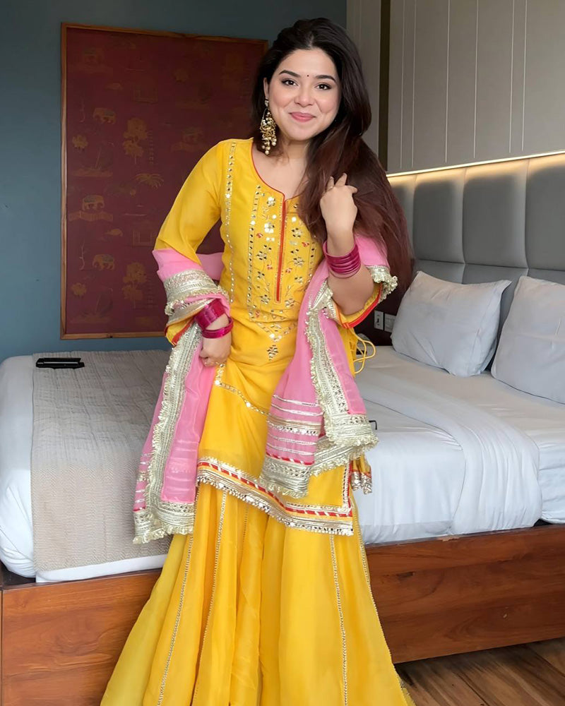 Yellow Color Chinon Silk Embroidered Sharara Suit