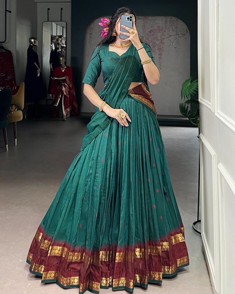 Traditional Teal Green Color Chanderi Half Saree With Zari Detailing