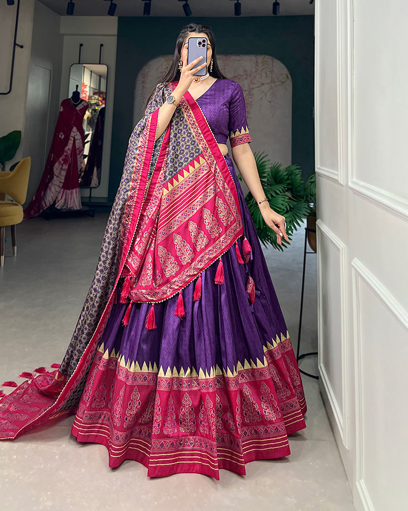 Purple Color Tussar Silk Foil Print Designer Semi Stitched Lehenga Choli