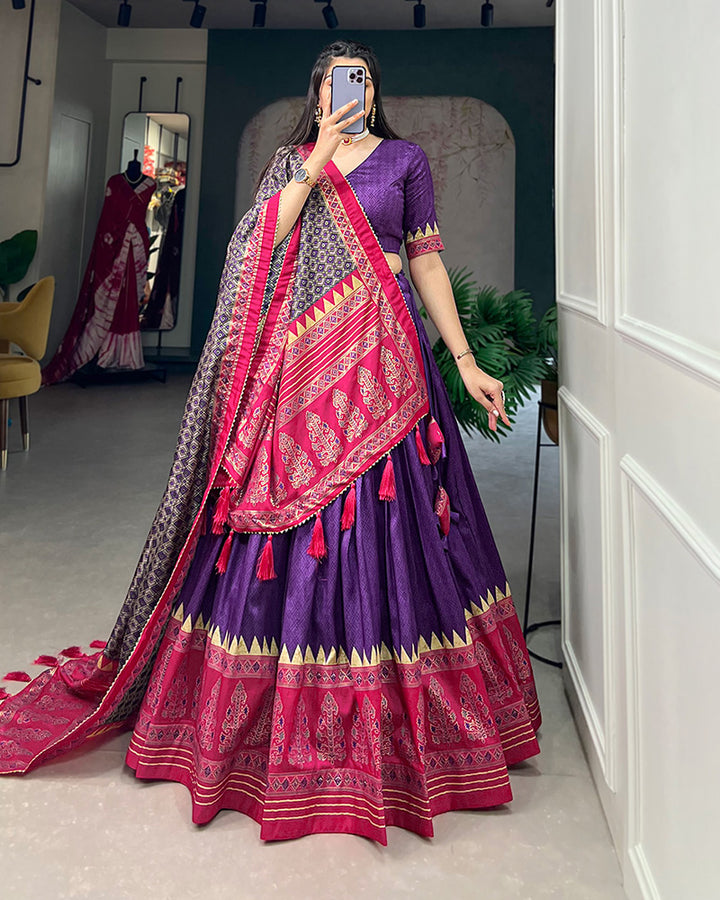 Purple Color Tussar Silk Foil Print Designer Semi Stitched Lehenga Choli