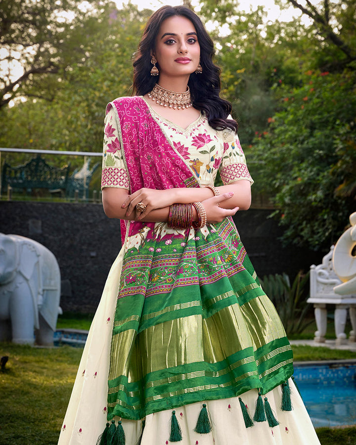 Lotus Design Off-White Color Khadi Cotton Embroidered Lehenga Choli
