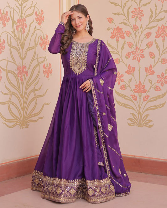 Designer Purple Color Star Georgette Embroidered Gown