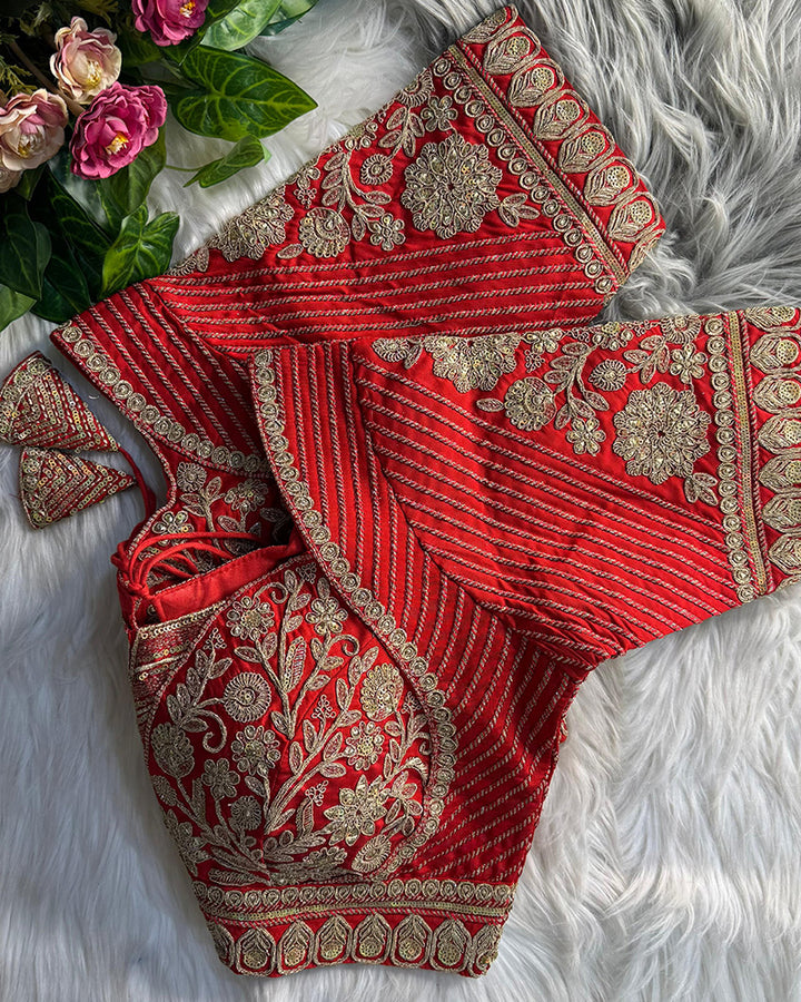 Red Color Italian Silk Embroidered Blouse