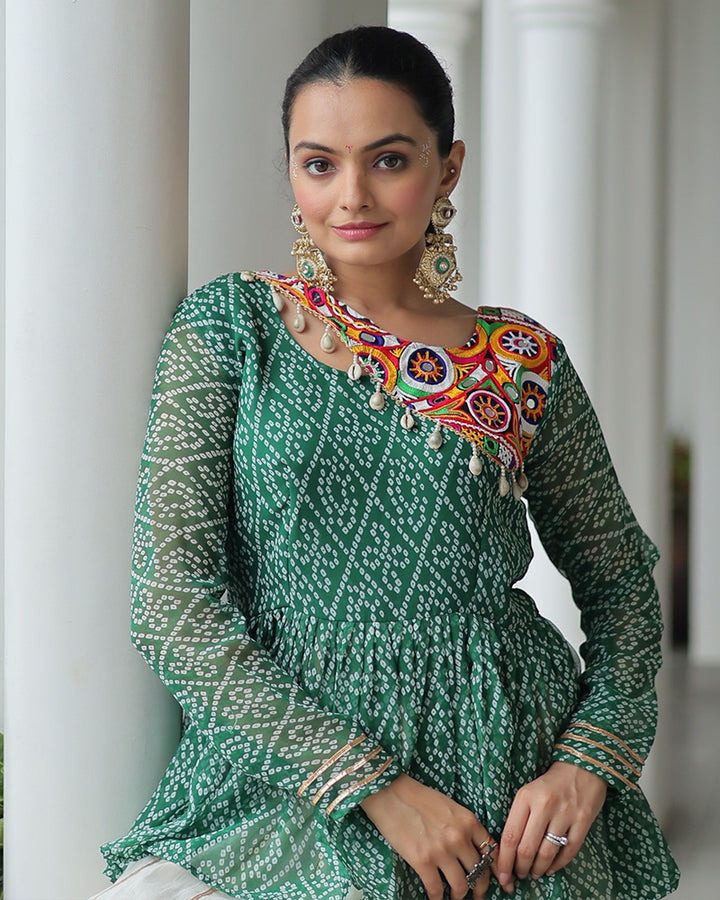Peplum Style Green Bandhej Choli With Cotton Lehenga
