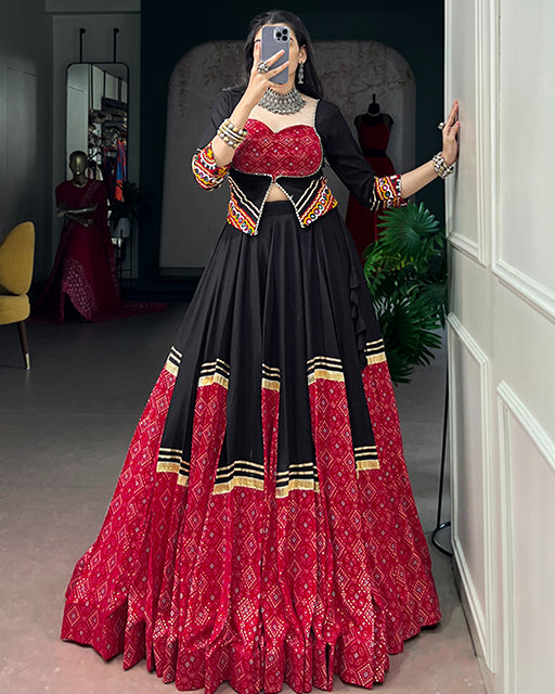 Red And Black Color Rayon Bandhani Print Navratri Lehenga Choli