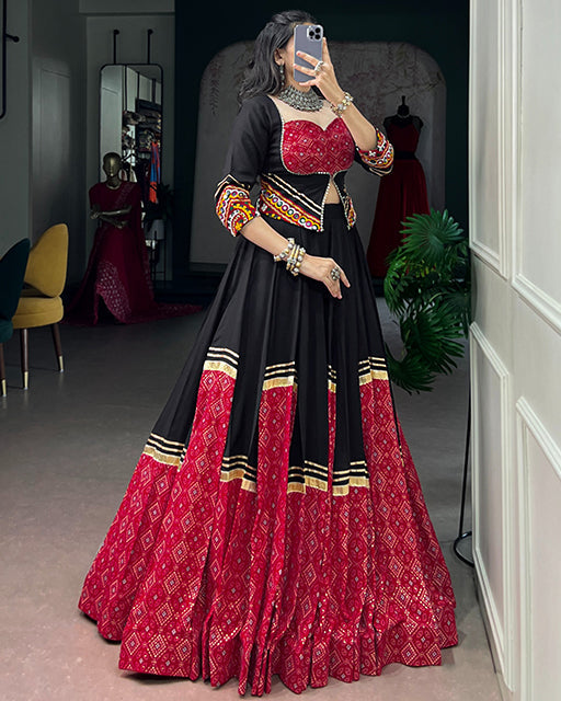Red And Black Color Rayon Bandhani Print Navratri Lehenga Choli