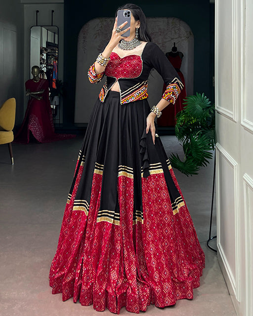 Red And Black Color Rayon Bandhani Print Navratri Lehenga Choli