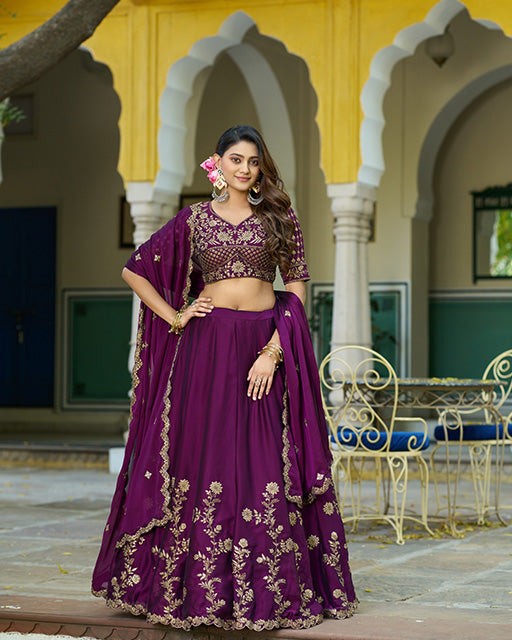 Wine Color Rangoli Silk Embroidered Lehenga Choli