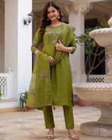 Mehndi Color Mango Silk Embroidered Kurti Suit