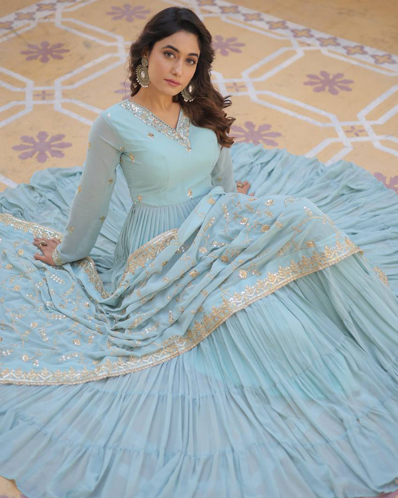 Sky Color Faux Georgette Designer Anarkali Gown With Dupatta