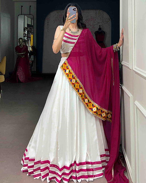 Traditional White Color Rayon Navratri Lehenga Set