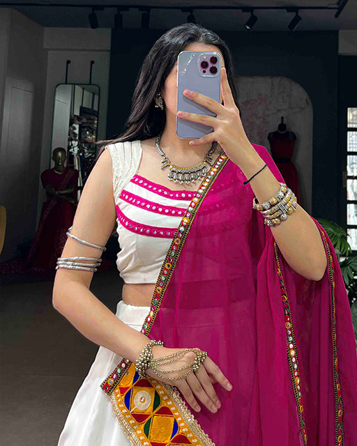Traditional White Color Rayon Navratri Lehenga Set