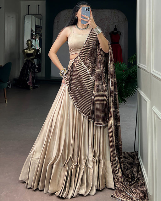 Cream Color Monga Silk Navratri Lehenga Choli
