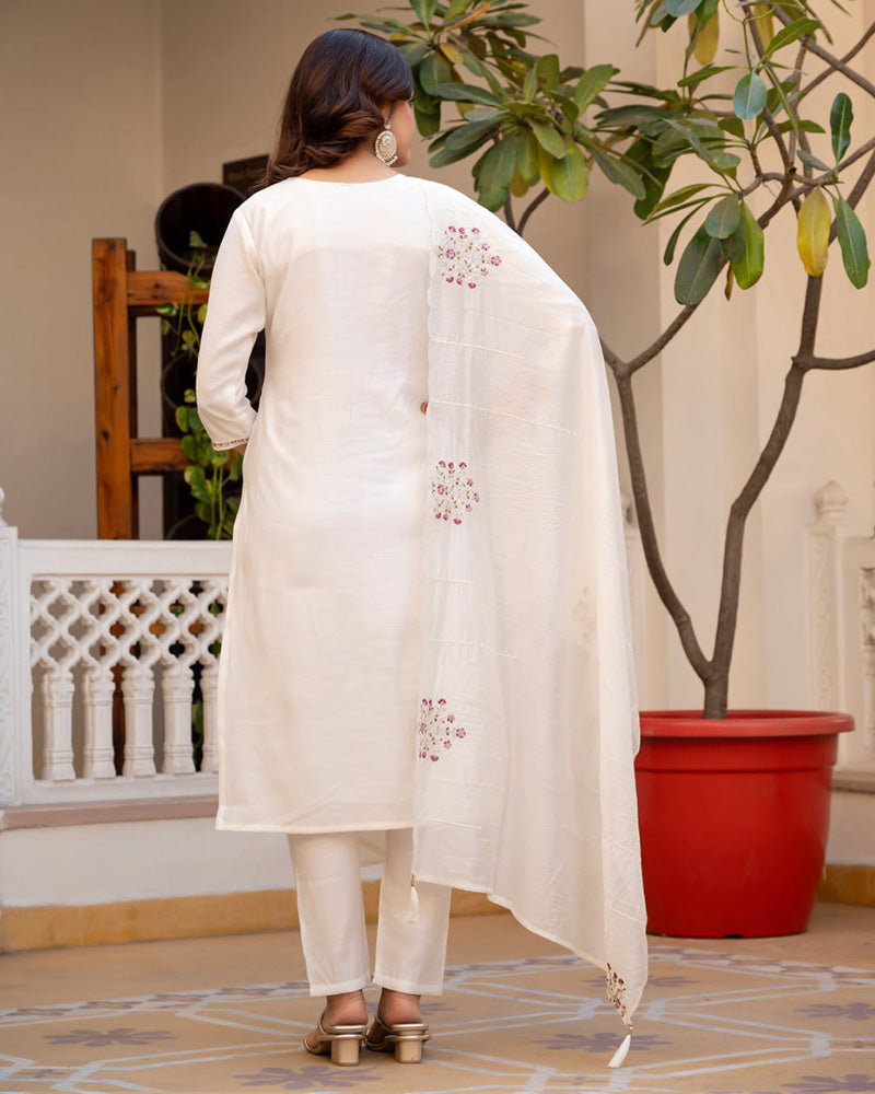 White Color Mango Silk Embroidered Kurti Suit
