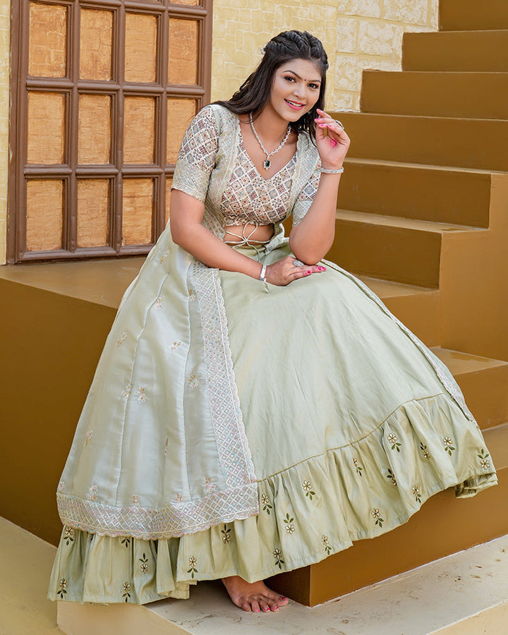 Western Style Pista Color Joya Silk Embroidered Lehenga Choli