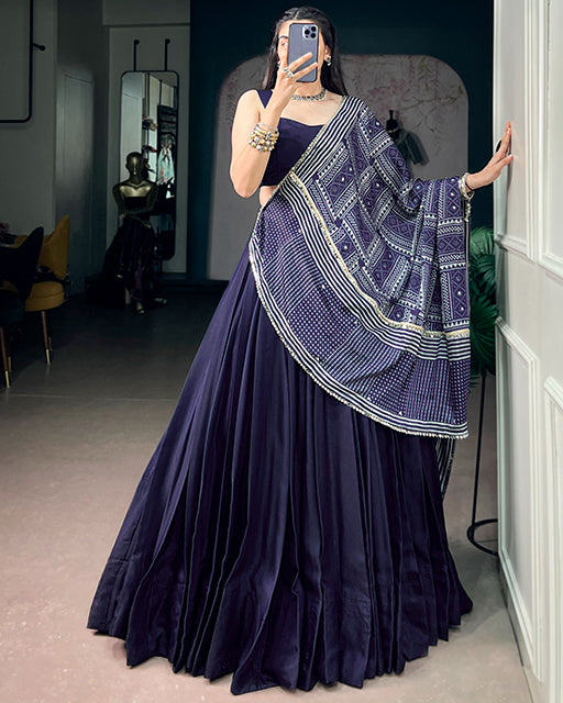 Navy Color Monga Silk Navratri Lehenga Choli