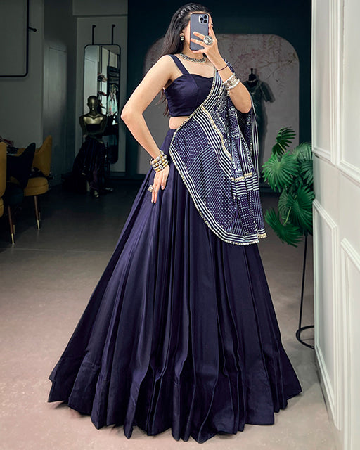 Navy Color Monga Silk Navratri Lehenga Choli