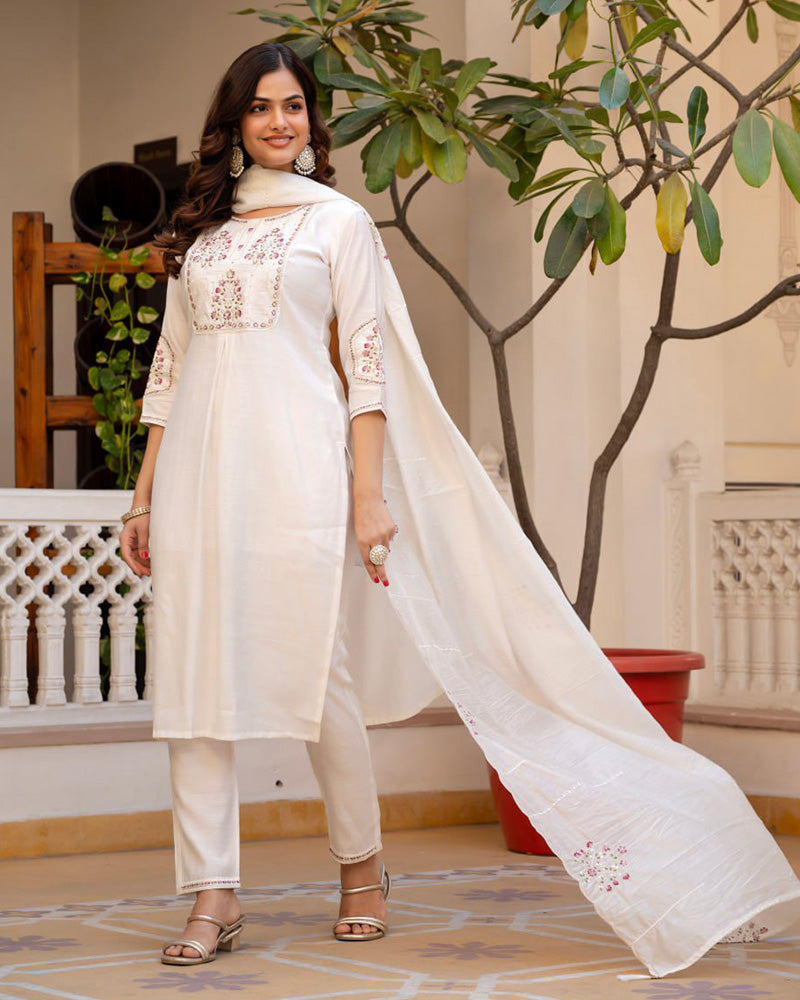 White Color Mango Silk Embroidered Kurti Suit