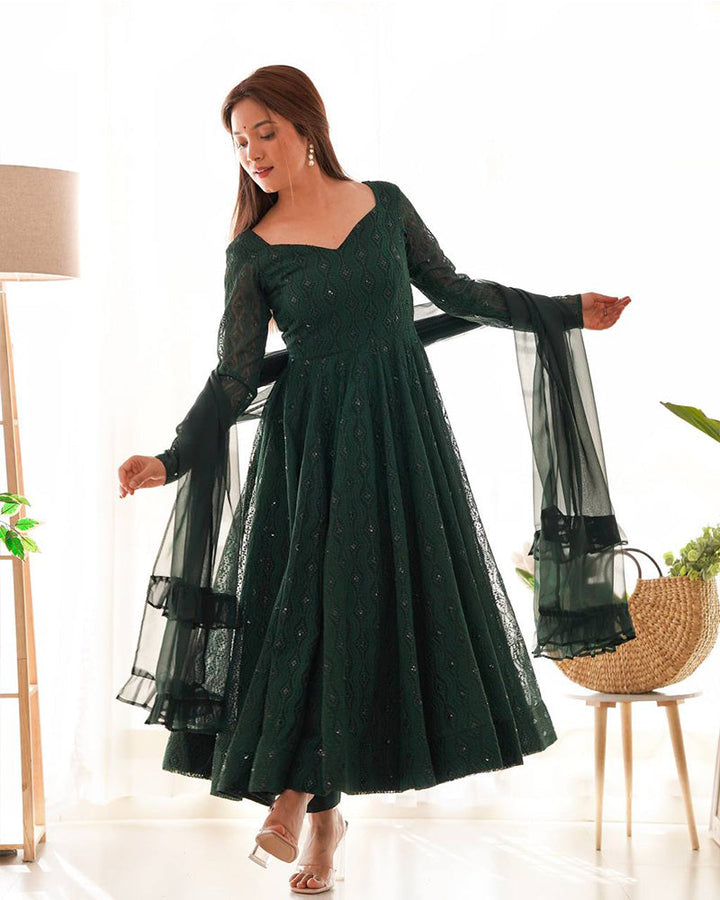 Green Color Georgette Lucknowi Three Piece Anarkali Suit