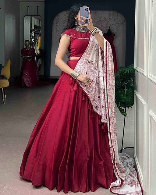 Red Color Chinon Silk Navratri Lehenga Choli
